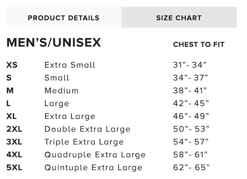 May include: A size chart for men's/unisex clothing, with sizes ranging from XS to 5XL. The chart lists chest measurements in inches, from 31"-34" for XS to 62"-65" for 5XL. The chart also includes the product details.