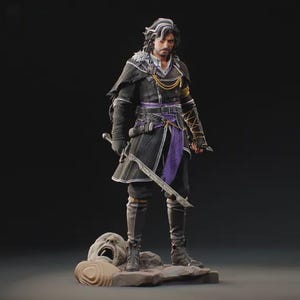 May include: A detailed figurine of a character in a black and purple outfit, holding a sword. The figure has long, dark hair with white streaks and is standing on a stone base with a sculpted face. The figure is wearing black boots.