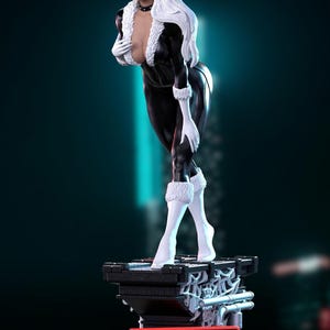 May include: A statue of Black Cat, a character from Marvel Comics, in a black catsuit with white fur trim and gloves. The figure has white hair and a black mask. The statue stands on a black base with the name "Blackcat" in red.