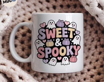 Coquette Halloween Mug with Cute Ghosts and Bows, Sweet & Spooky Mug, Pastel Girly Coffee Cup, Kawaii Fall Gift for Her