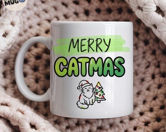 Merry Catmas Mug, Funny Cat Christmas Gift, Cat Lover Xmas Coffee Mug, Cat Mum Owner Present, Cat Lady Cup
