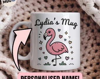 Taza de flamenco personalizada, taza con nombre personalizado, linda taza de café con flamenco rosa, regalo para amantes de los animales, divertida taza de té con pájaro tropical.