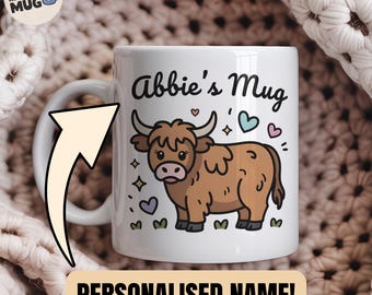 Caneca personalizada de vaca das Terras Altas, presente fofo de vaca, caneca personalizada de animal com nome, xícara de café de animal de fazenda, presente engraçado para amantes de vacas