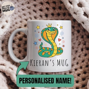 Taza de cobra personalizada, taza de serpiente con nombre personalizado para niños, linda taza de café de cobra, regalo para niños