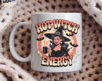 Taza de bruja de Halloween "Energía de bruja caliente", taza de café retro para ella, linda taza de temporada espeluznante, divertido regalo de bruja para mujeres, taza de otoño