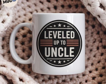 Leveled Up to Uncle Mug, Funny New Uncle Gift, Pregnancy Announcement Mug, Retro Badge Coffee Cup, First Time Uncle Present