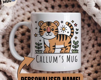 Custom Tiger Mug, Kids Personalised Mug with Name, Cute Jungle Animal Coffee Cup, Custom Boys Gift, Tiger Birthday Present