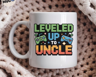 Leveled Up to Uncle Mug, Gamer Uncle Gift, Funny New Uncle Coffee Mug, Video Game Pixel Art Controller Design, Family Announcement Cup
