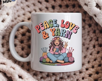 Peace Love And Yarn Crochet Mug For Women, Funny Hippie Crochet Mug Gift For Yarn Lovers, Retro Boho Crochet Mug With Flowers