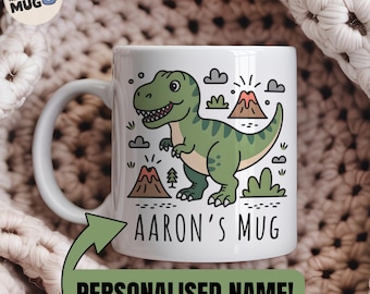 Custom T-Rex Mug, Dinosaur Mug for Boys, Personalised Kids Mug with Name, Cute Green Dino Coffee Cup, Children’s Birthday Gift