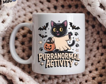 Funny Halloween Black Cat Mug, 'Purranormal Activity', Ghost Cat Coffee Cup, Cute Spooky Season Gift for Cat Lovers & Halloween Fans