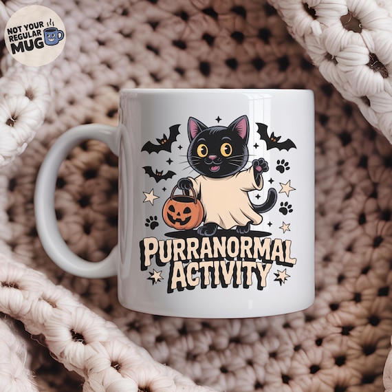 Funny Halloween Black Cat Mug, 'Purranormal Activity', Ghost Cat Coffee Cup, Cute Spooky Season Gift for Cat Lovers & Halloween Fans
