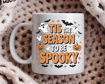Tis The Season To Be Spooky Halloween Coffee Mug, Cute Skeleton Pumpkin Ghost Cup, Funny Fall Spooky Season Gift For Friends