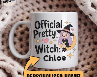 Taza de bruja personalizada, bruja bonita, taza de Halloween con nombre personalizado, taza de café de bruja linda, regalo de bruja bonita, taza de bruja mágica kawaii