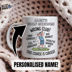 Funny Golf Mug for Men, &#39;Personalised Golf Excuses&#39; Mug with Name, Custom Gift for Golfer, Dad, Husband, Coworker, Golf Gag Gift