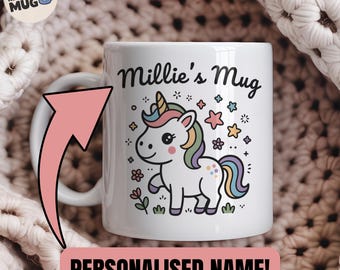 Custom Unicorn Mug, Personalised Name Mug for Girls, Cute Rainbow Unicorn Gift, Kids Birthday Present, Magical Animal Mug