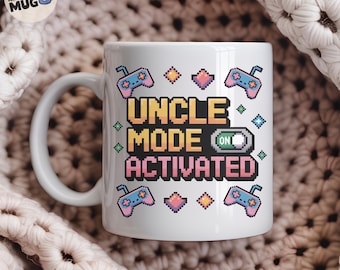 New Uncle Mug, Leveled Up to Uncle Mug, 'Uncle Mode Activated', Funny Gamer Gift for New Uncles, Pixel Video Game Coffee Cup for Men