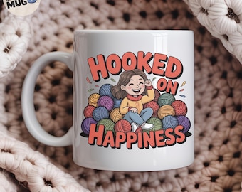 Funny Crochet Mug for Women, 'Hooked on Happiness' Yarn Mug, Cute Crocheter Gift for Her, Yarn Lover Coffee Cup, Crafting Humor Mug