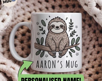 Custom Sloth Mug, Personalised Name Mug for Boys, Cute Sloth Coffee Cup, Jungle Animal Mug Gift, Kids Sloth Birthday Present