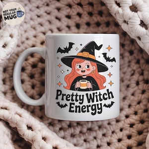 Halloween Witch Mug, Pretty Witch Energy Coffee Cup with Cute Redhead Cartoon Witch, Girly Spooky Vibes, Fall Aesthetic Gift for Her