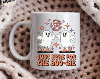 Halloween Ghost Mug, 'Just Here for the Boo-gie' Funny Mug with Dancing Ghosts and Disco Ball – Cute Spooky Mug Gift for Halloween