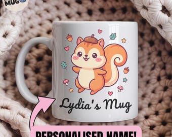 Custom Squirrel Mug, Personalised Name Woodland Animal Mug for Girls, Cute Squirrel Coffee Cup, Kids Gift
