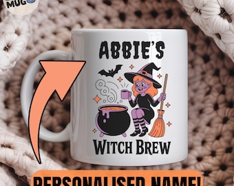 Custom Witch Halloween Mug, Personalized Witch Brew Coffee Mug, Cute Retro Witch Cauldron Mug for Spooky Season Gifts and Fall Season
