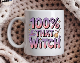Taza divertida de bruja de Halloween, taza de café 100% de bruja, linda taza de otoño con purpurina para ella, regalo de temporada espeluznante para novia o mejor amiga