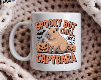 Halloween Capybara Mug 'Spooky but Chill', Cute Animal Coffee Cup with Pumpkins & Bats, Funny Fall Gift for Capybara Lovers