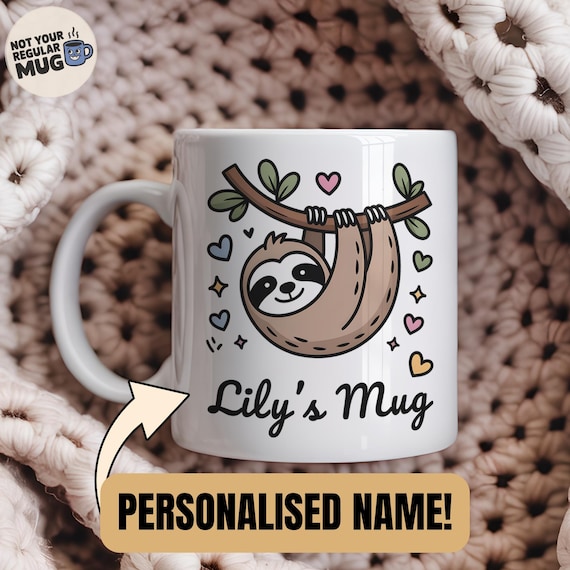 Custom Sloth Mug, Cute Sloth Gift with Personalised Name, Funny Animal Coffee Cup, Lazy Sloth Lover Present, Unique Custom Mug