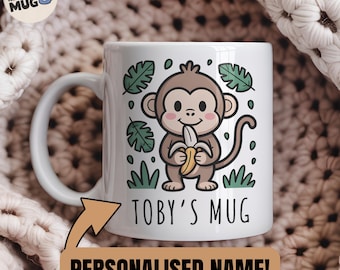 Custom Monkey Mug for Boys, Personalised Jungle Animal Cup with Name, Cute Banana Monkey Gift, Fun Kids Coffee Mug for Him