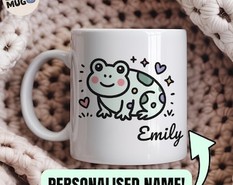Taza de rana personalizada, bonito regalo de rana con nombre personalizado, taza de café para amantes de los animales, divertida taza de anfibios para niños, amigos o cumpleaños.