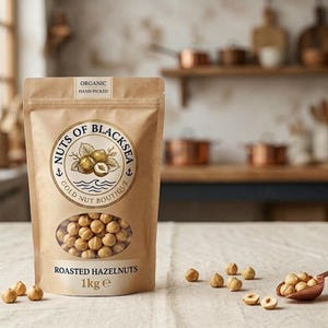 以下が含まれることがあります： Nuts of Blackseaのローストヘーゼルナッツが入った茶色の紙袋。袋にはナッツが見える透明な窓があり、「ROASTED HAZELNUTS 1kg e」と書かれています。袋には「ORGANIC HAND-PICKED」の文字と、「GOLD NUT BOUTIQUE」のロゴも付いています。