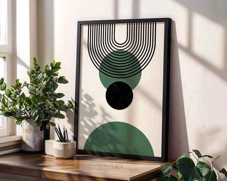 Minimalist Geometric Wall Art Print | Modern Abstract Green & Black Mid ...
