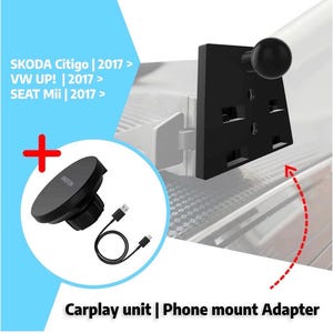 Peut inclure: Unité Carplay et adaptateur de support de téléphone noirs avec un support de téléphone magnétique et un câble USB. Le texte de l'image indique "SKODA Citigo | 2017 > VW UP! | 2017 > SEAT Mii | 2017 >" et "Carplay unit | Phone mount Adapter."