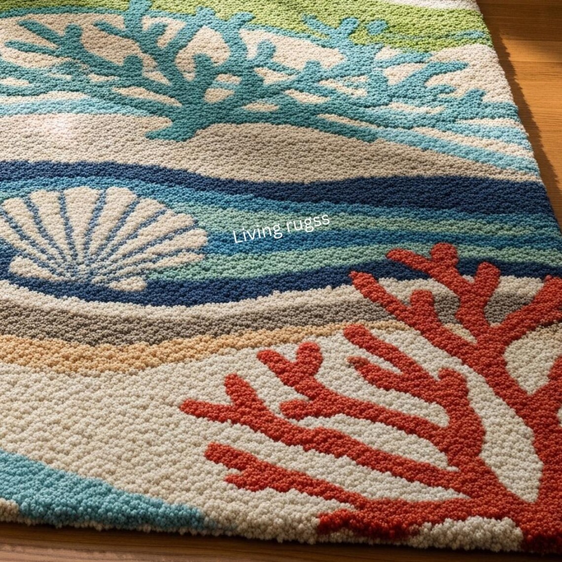 Coastal Living Rug | Ocean Waves Coral Reef Area | Seashell & Beach ...