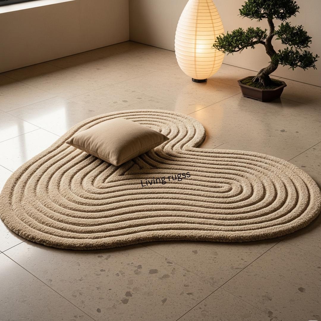 Zen Sand Garden Shape Rug | Japanese Minimalist Decor | Beige Wavy ...