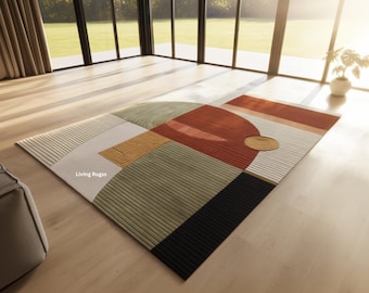 Olive Terracotta Geometric Rug | Abstract Hand Tufted Wool | Modern Mid Century Home Decor