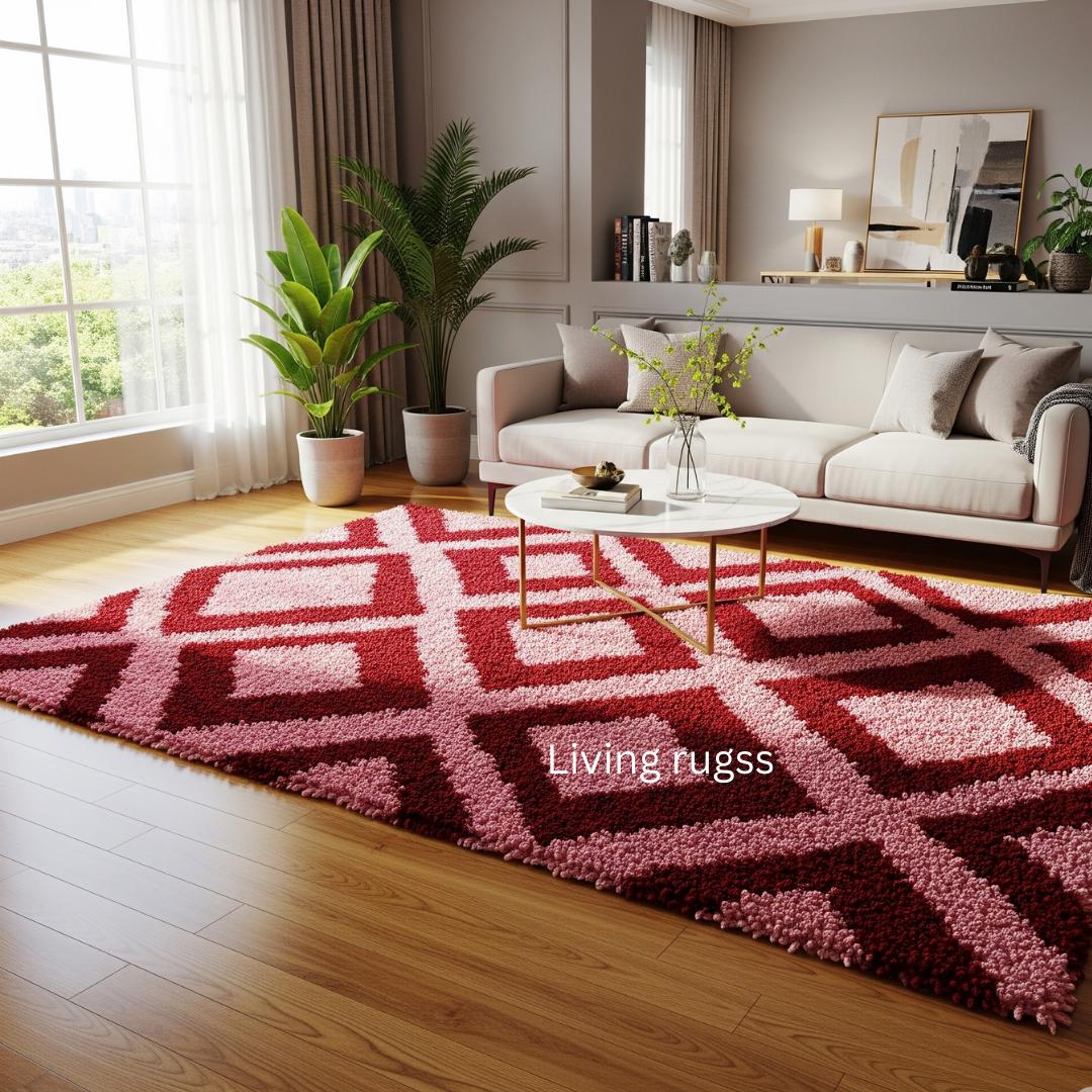 幾何学模様のバーガンディラグ ピンクとバーガンディの幾何学模様のシャギーラグ | ダイヤモンド柄の