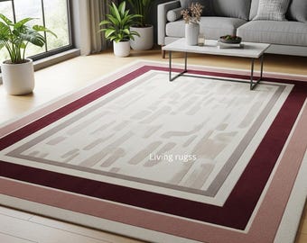 Modern Border Rug Neutral Tufted Area Rug Handmade Carpet