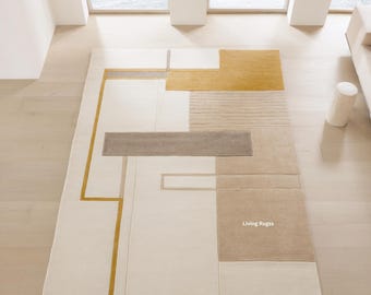 Tappeto geometrico color senape crema / Tappeto astratto in lana trapuntato a mano / Tappeto moderno minimalista