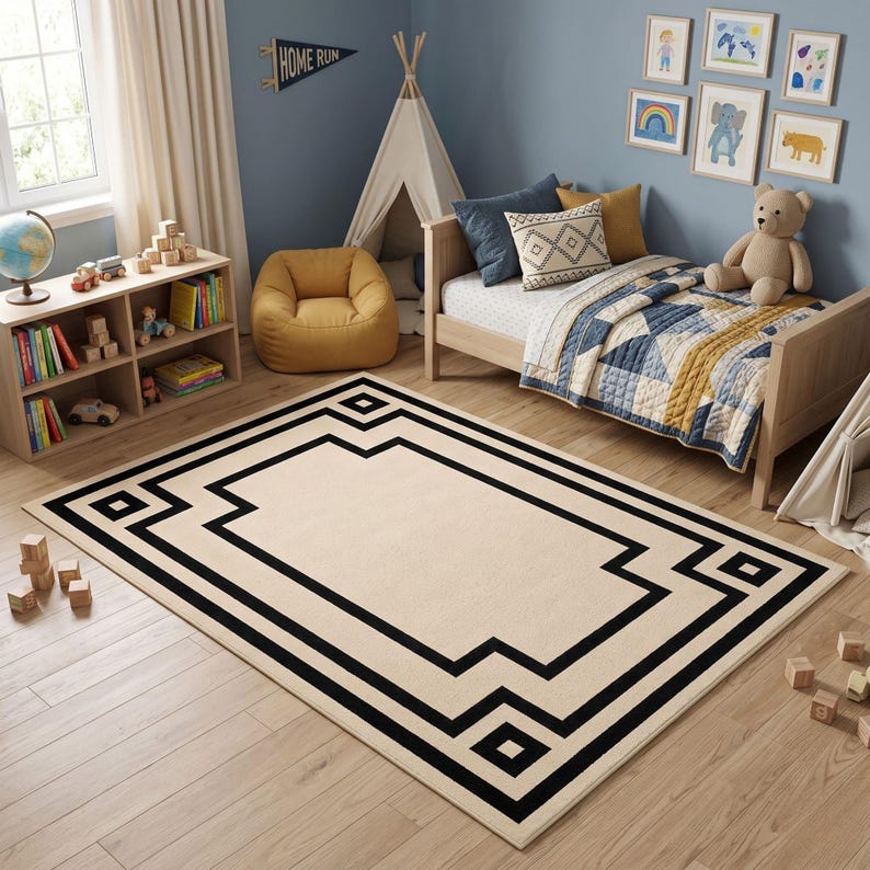 Deco Design Rug Black Cream Geometric Area Rug | Art Deco Greek Key Inspired Modern ...