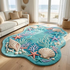 Alfombra de conchas marinas costeras en tonos pastel, forma irregular / Alfombra de coral con estrellas de mar oceánicas, estética para guardería, lana