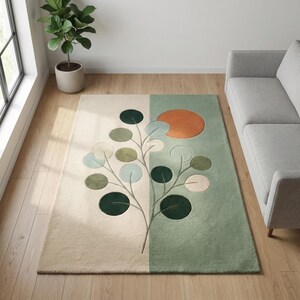 Modern Botanical Area Rug, Minimal Plant Design Living Room Carpet