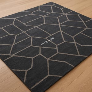 Dark Grey Geometric Patterned Hand-Tufted Wool Rug | Modern Abstract Pattern Hand-Tufted Carpet | Minimalist Living Room & Bedroom Decor