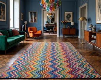 Tapis zigzag arc-en-ciel | de laine fait main à chevrons colorés | Tapis géométrique moderne | Décoration de salon maximaliste