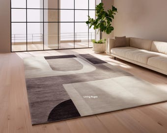 Modern Geometric Neutral Rug for Living Room | Grey & Beige Minimalist Decor Carpet