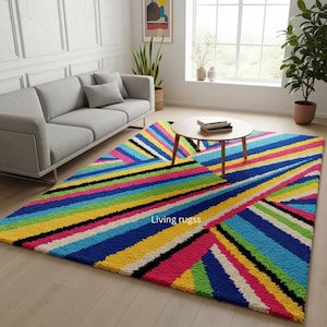 Vibrant Striped Area Rug, Multi-Color Modern Rug, Abstract Geometric Living Room Rug, Colorful Bedroom Rug, Handmade Home Decor