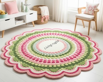 Alfombra redonda con estampado floral, linda alfombra de flores con borde festoneado / alfombra verde rosa
