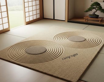 Zen-Garten inspirierter Teppich | Japanischer Sandfarbener Gartenteppich | Minimalistisches Wohndekor | Meditative Bodenmatte | Beige und Brauntöne